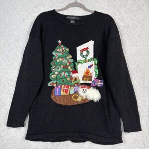 Vtg Ugly Christmas Sweater Womens Small 3D Tree Fireplace Dog Bear Gifts Holiday